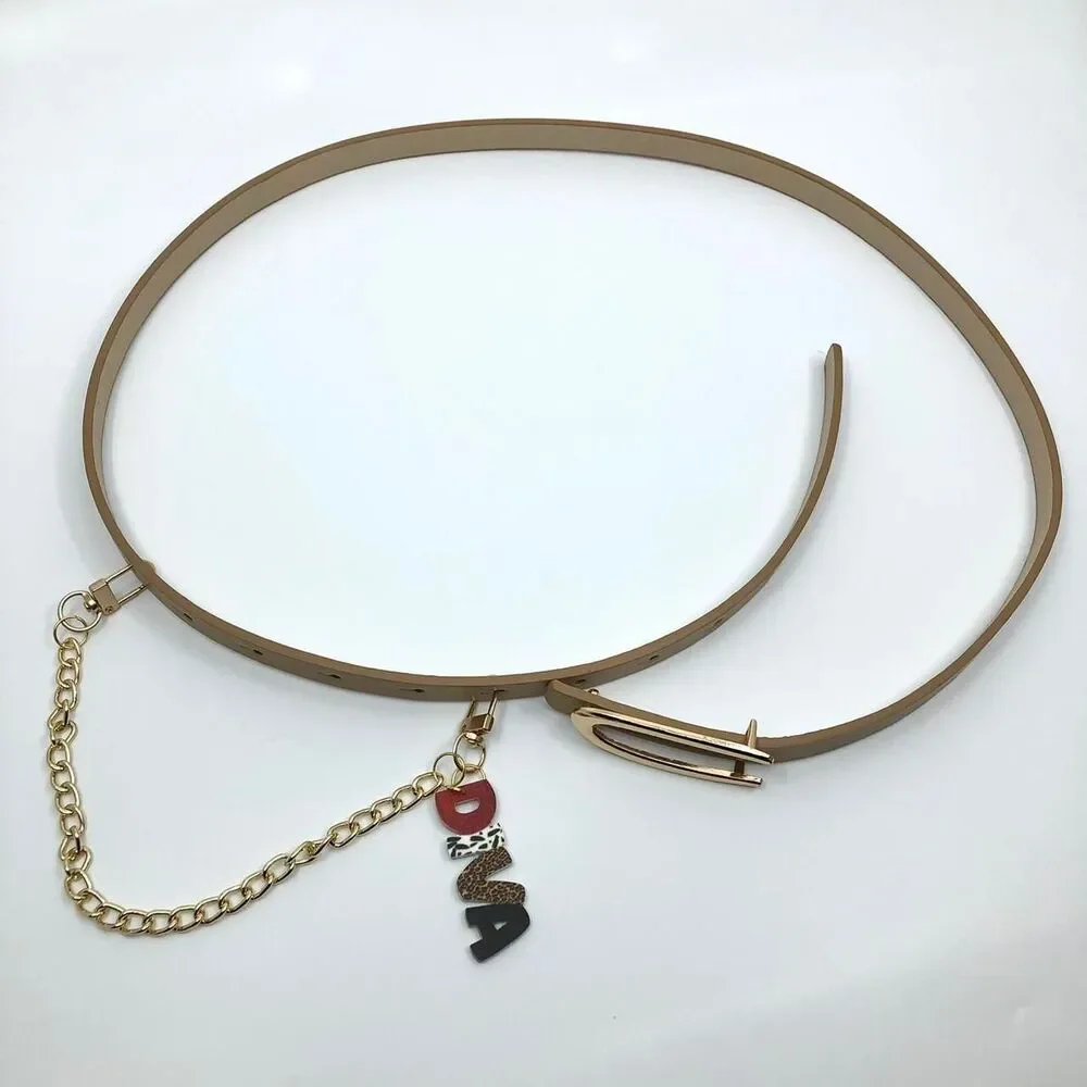 Tan Y2K Diva Charm Skinny Faux Leather Chain Belt, Fits 36.5-39 Inches, X7GA1239